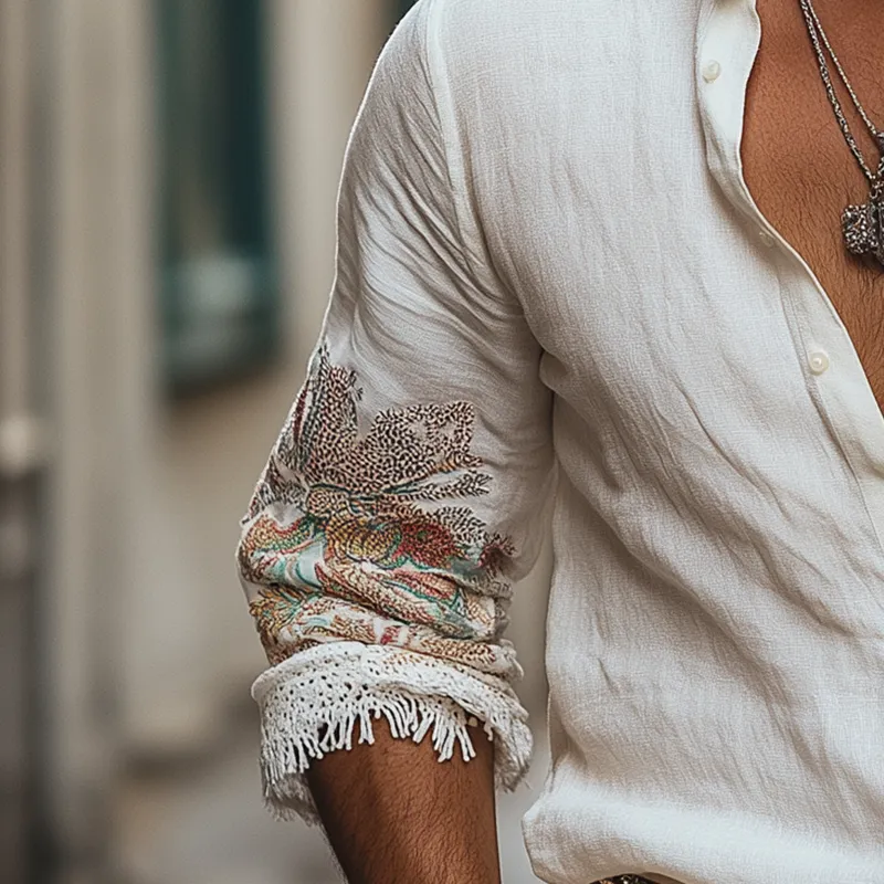 Men's Summer Lightweight Embroidered Linen Long Sleeve Shirt MTA0440F0P sold by Manly product image thumbnail 3