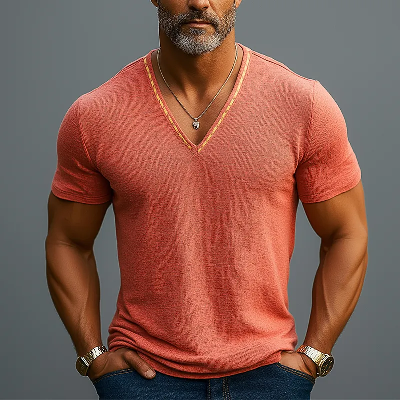 Men's Summer Lightweight Embroidered Linen V-Neck Short Sleeve T-Shirt MTA0487F2P sold by Manly product image thumbnail 2