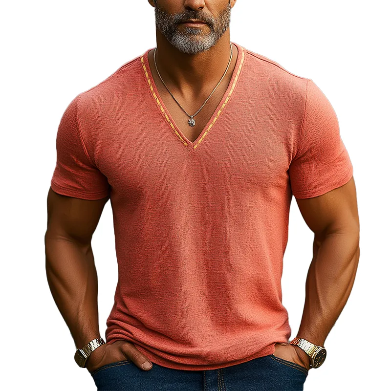 Men's Summer Lightweight Embroidered Linen V-Neck Short Sleeve T-Shirt MTA0487F2P sold by Manly