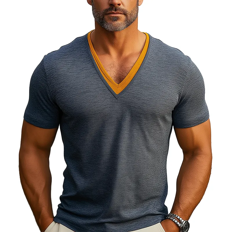 Men's Summer Light Contrast Color Stitching Cotton V-Neck Short-Sleeved T-Shirt MTA0499F1P sold by Manly