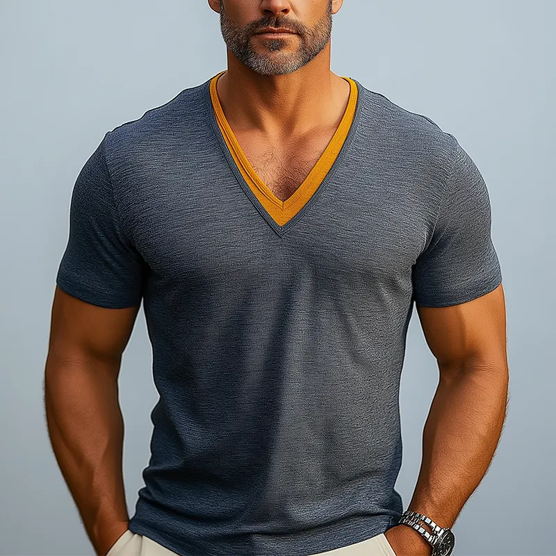 Men's Summer Light Contrast Color Stitching Cotton V-Neck Short-Sleeved T-Shirt MTA0499F1P sold by Manly product image thumbnail 2