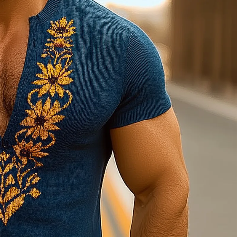 Men's Summer Knitted Jacquard Slim Short Sleeve V Neck T-Shirt MTA0405F7P sold by Manly product image thumbnail 4