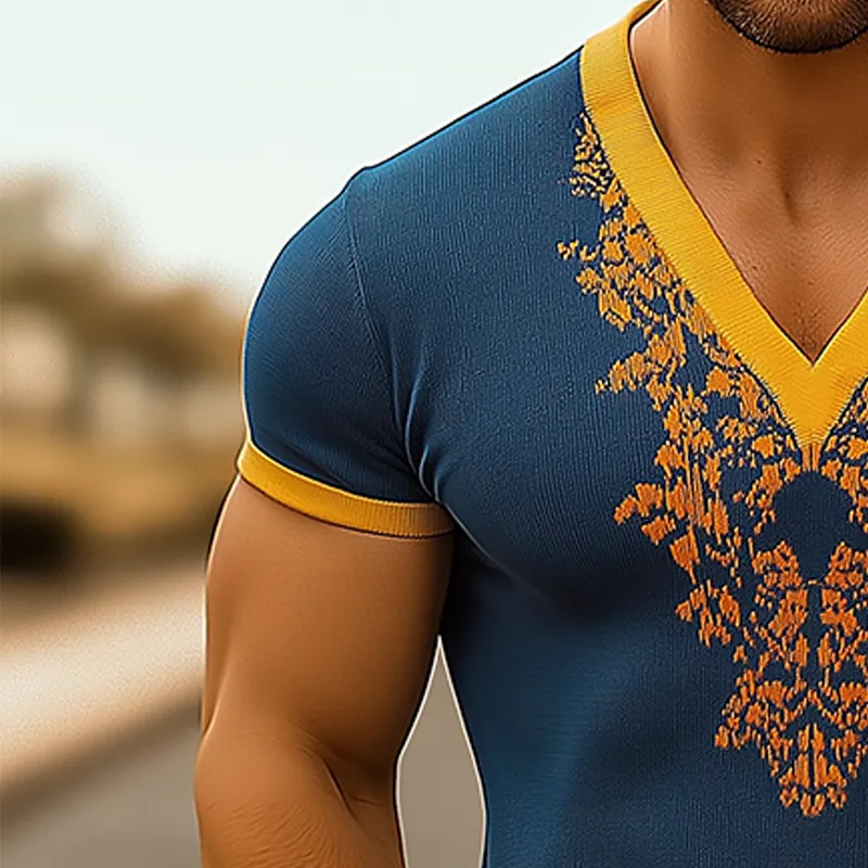 Men's Summer Contrast Knitted Jacquard Slim Fit Short Sleeve V-Neck T-Shirt MTA0408F3P sold by Manly product image thumbnail 3