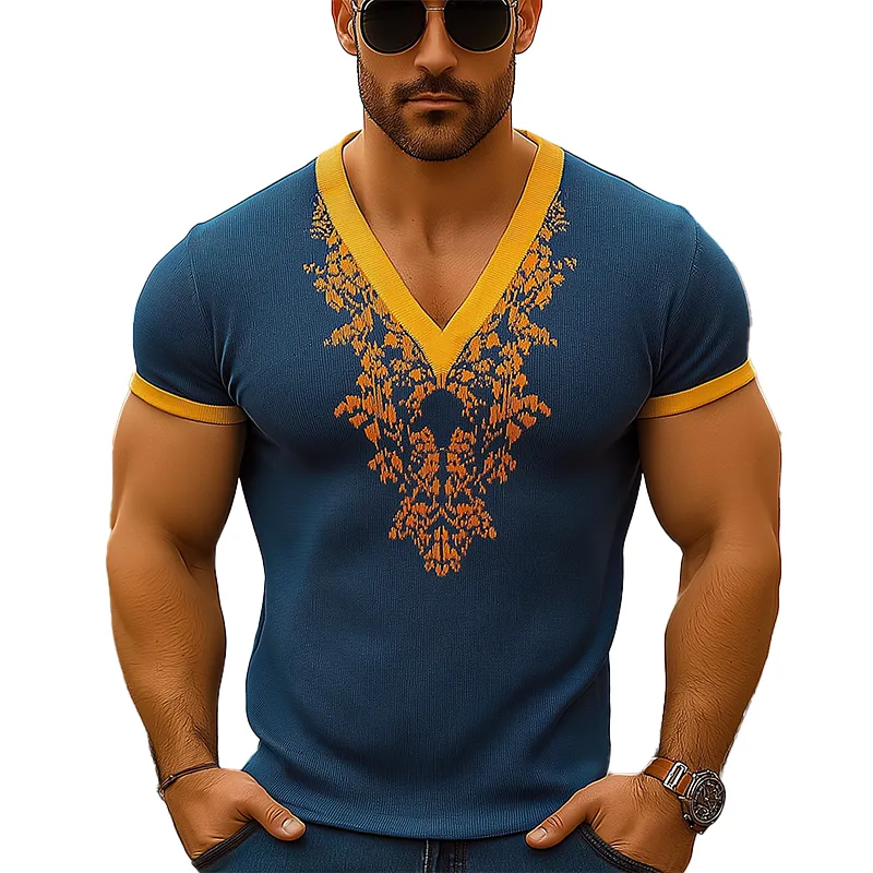Men's Summer Contrast Knitted Jacquard Slim Fit Short Sleeve V-Neck T-Shirt MTA0408F3P sold by Manly