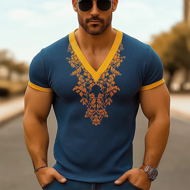 Men's Summer Contrast Knitted Jacquard Slim Fit Short Sleeve V-Neck T-Shirt MTA0408F3P sold by Manly product image thumbnail 2