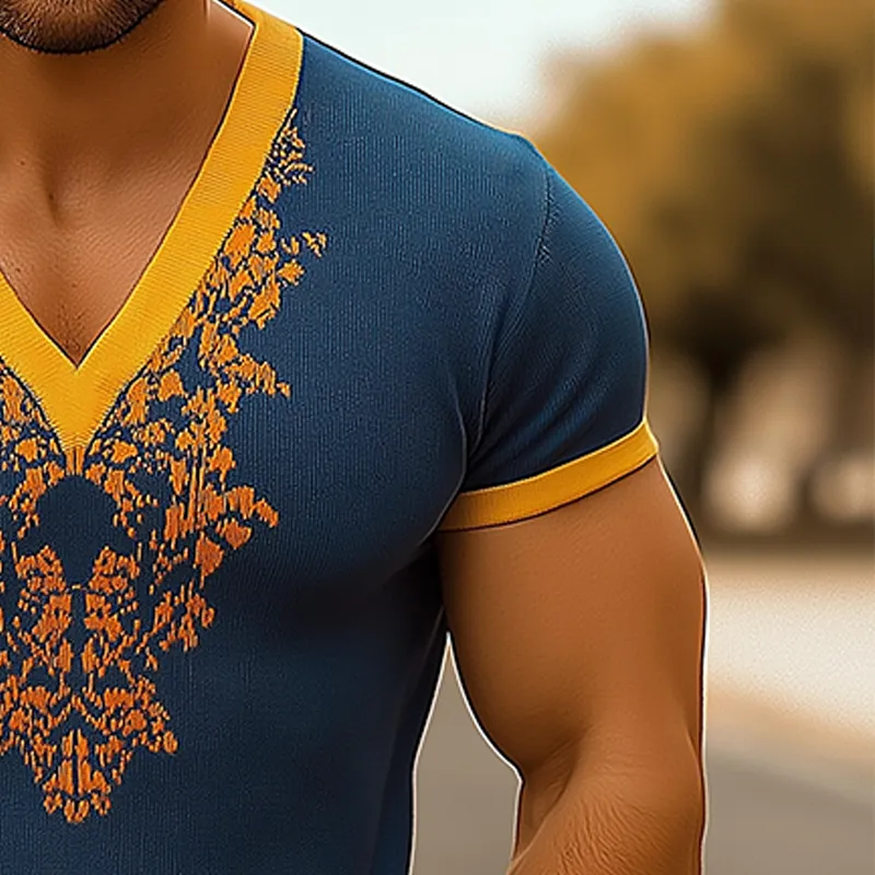 Men's Summer Contrast Knitted Jacquard Slim Fit Short Sleeve V-Neck T-Shirt MTA0408F3P sold by Manly product image thumbnail 4