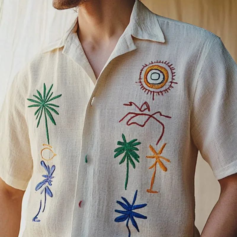 Men's Interesting Embroidered Cotton And Linen Short Sleeve Shirt MTA0312F4X sold by Manly product image thumbnail 3