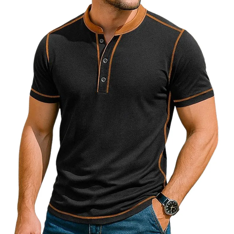 Men's Contrast Color Stitching Stand Collar Pullover Short Sleeve T-Shirt MTA0377F8X sold by Manly