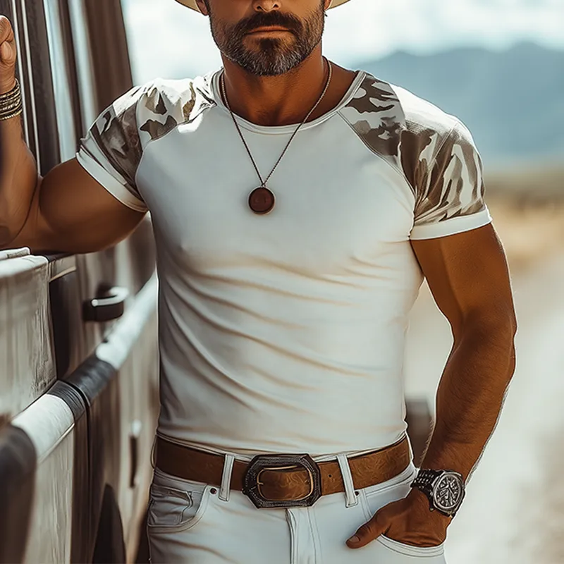 Men's Summer Fashion Casual American Western Tough Guy Style Camouflage Cotton Blended Splicing Suede Short-sleeved T-shirt MTA0659F3K sold by Manly product image thumbnail 2