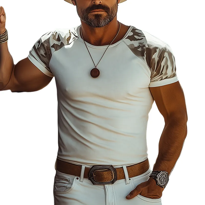 Men's Summer Fashion Casual American Western Tough Guy Style Camouflage Cotton Blended Splicing Suede Short-sleeved T-shirt MTA0659F3K sold by Manly