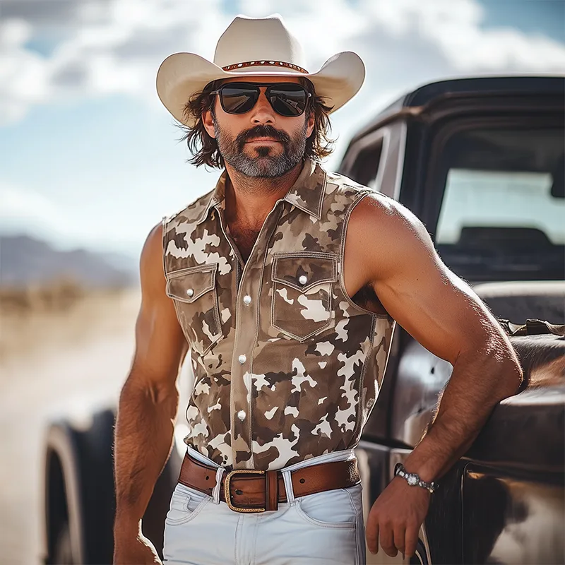 Men's Classic American Western Style Tough Guy Camouflage Suede Slim Sleeveless Pearl Snap Shirt MTA0680F1K sold by Manly product image thumbnail 2