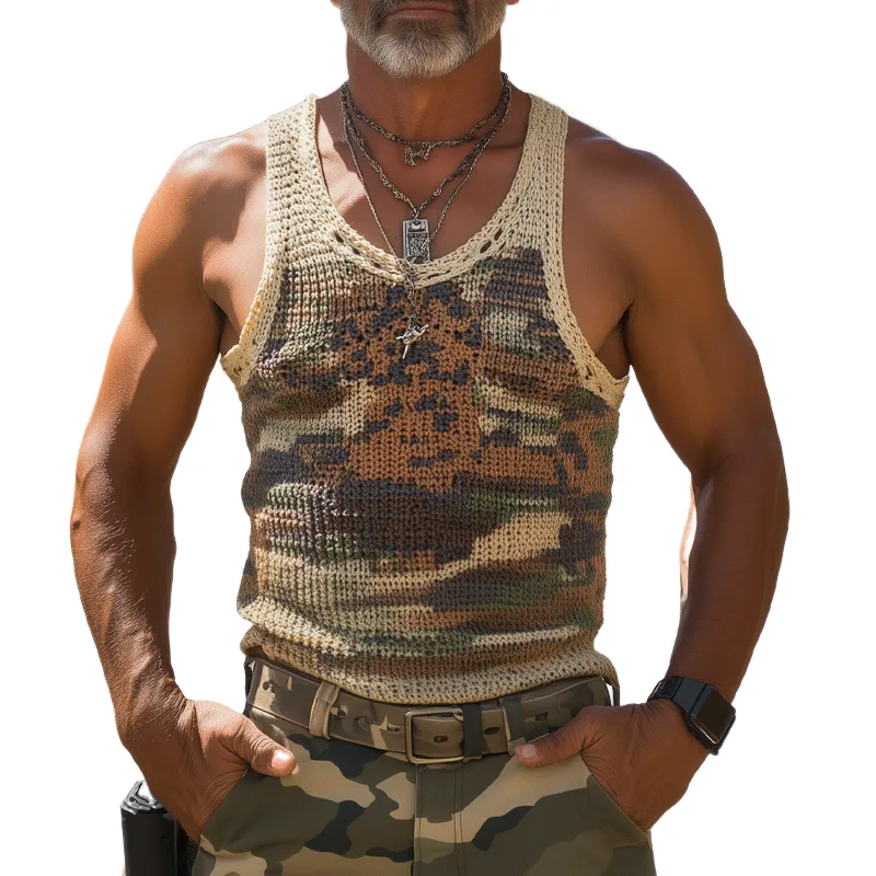 Men's Summer Fashion Casual American Western Tough Guy Style Camouflage Knitted Slim Tank Top MTA0662F5K sold by Manly