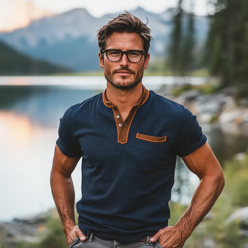 Men's Contrast Waffle Suede Short Sleeve Henley T-Shirt MTA0528F4X sold by Manly product image thumbnail 2