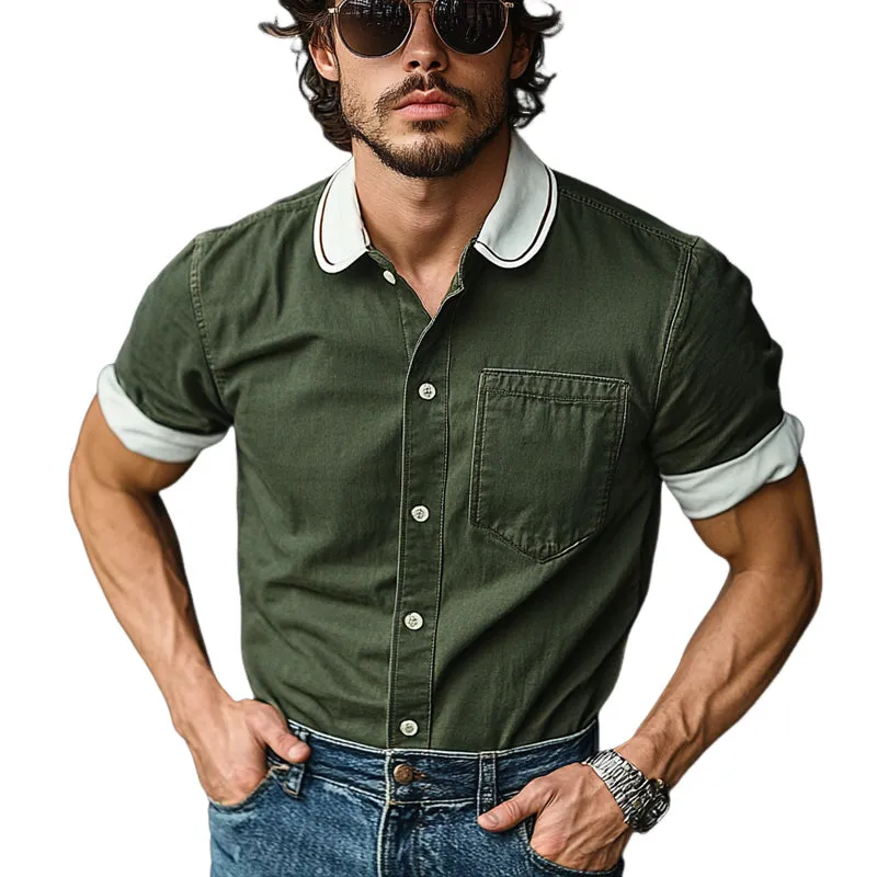 Men's Casual Cotton Contrast Color Short Sleeve Shirt MTA0349F8X sold by Manly
