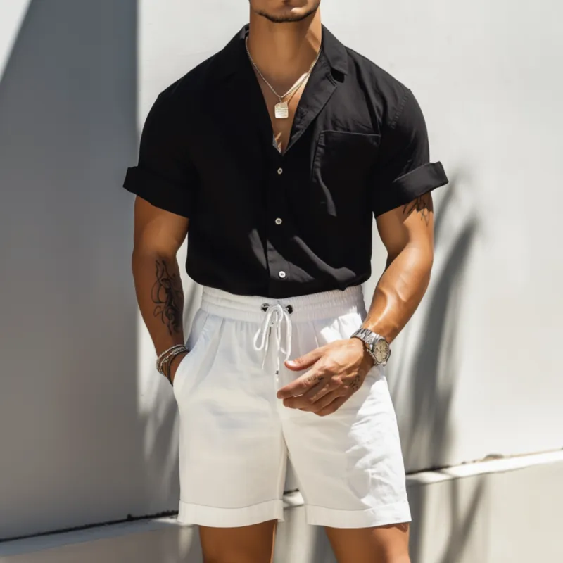 Men's Casual Breathable Cotton Linen Slim Fit Cuban Collar Patch Pocket Short Sleeve Shirt Elastic Waist Shorts Set MTA0516F5M sold by Manly product image thumbnail 2