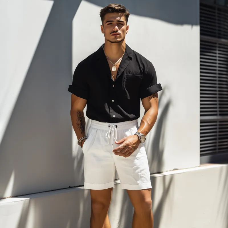 Men's Casual Breathable Cotton Linen Slim Fit Cuban Collar Patch Pocket Short Sleeve Shirt Elastic Waist Shorts Set MTA0516F5M sold by Manly product image thumbnail 3