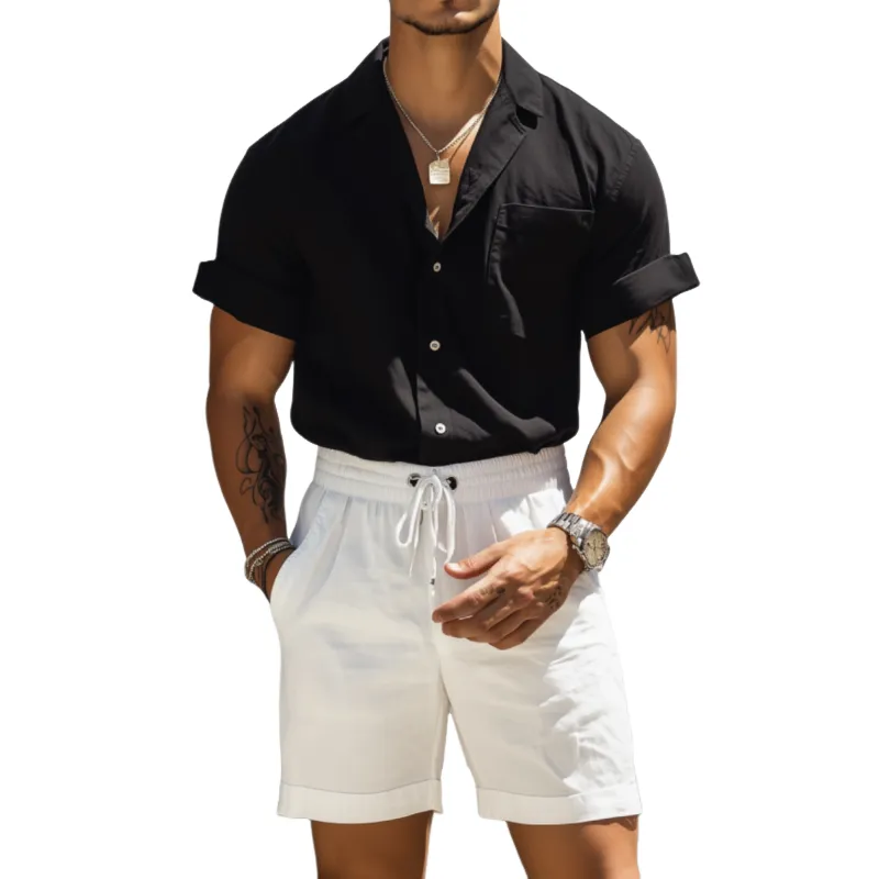 Men's Casual Breathable Cotton Linen Slim Fit Cuban Collar Patch Pocket Short Sleeve Shirt Elastic Waist Shorts Set MTA0516F5M sold by Manly