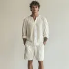 Men's Casual Breathable Solid Color Cotton Linen Loose Long Sleeve Shirt Elastic Waist Shorts Set MTA0596F7M sold by Manly