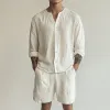 Men's Casual Breathable Solid Color Cotton Linen Loose Long Sleeve Shirt Elastic Waist Shorts Set MTA0596F7M sold by Manly