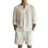 Men's Casual Breathable Solid Color Cotton Linen Loose Long Sleeve Shirt Elastic Waist Shorts Set MTA0596F7M sold by Manly