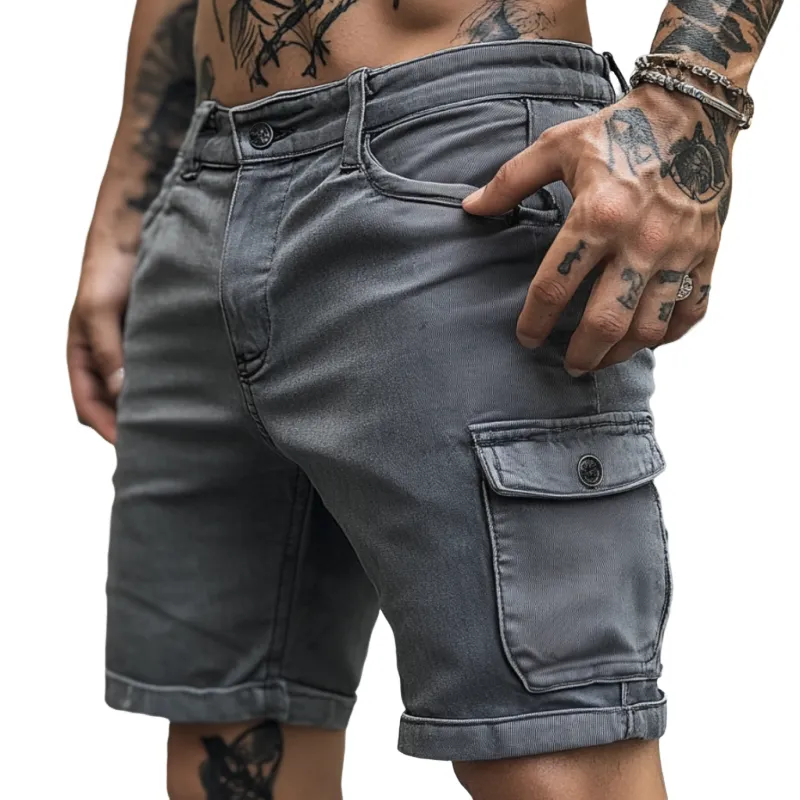 Men's Casual Outdoor Washed Distressed Multi-pocket Slim Fit Denim Cargo Shorts MTA0570F1M sold by Manly