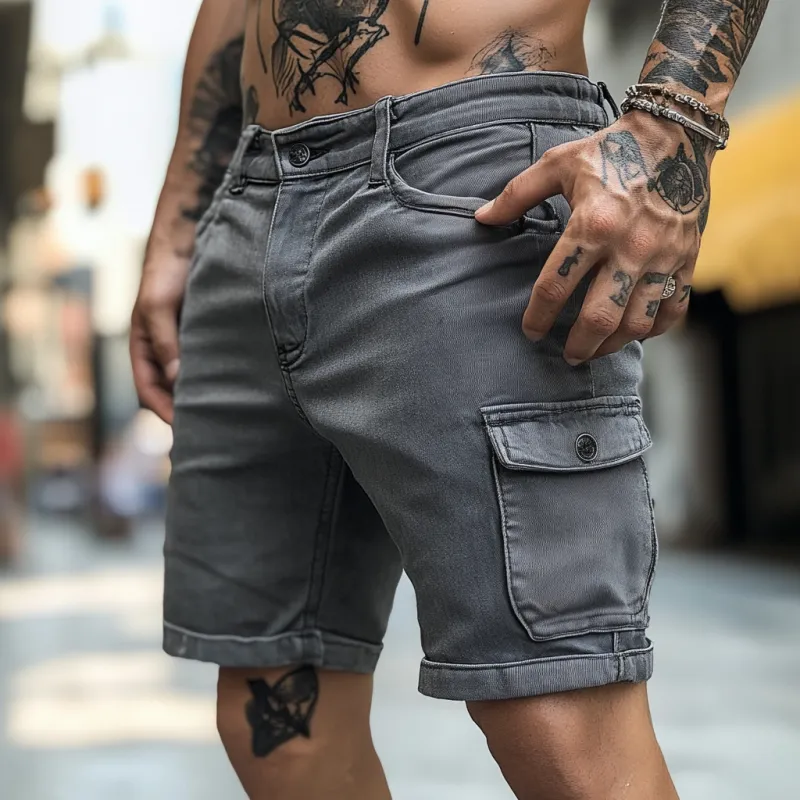 Men's Casual Outdoor Washed Distressed Multi-pocket Slim Fit Denim Cargo Shorts MTA0570F1M sold by Manly product image thumbnail 3
