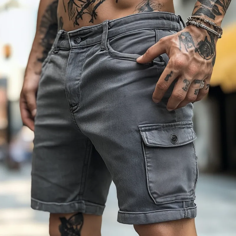 Men's Casual Outdoor Washed Distressed Multi-pocket Slim Fit Denim Cargo Shorts MTA0570F1M sold by Manly product image thumbnail 2