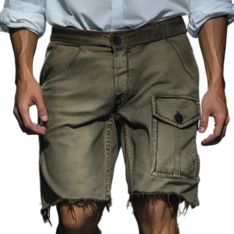 Men's Casual Outdoor Washed Distressed Multi-pocket Loose Breathable Denim Cargo Shorts MTA0614F2M sold by Manly