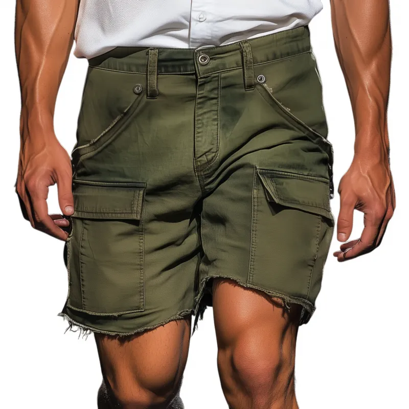 Men's Casual Outdoor Breathable Cotton Washed Distressed Multi-pocket Loose Cargo Shorts MTA0624F7M sold by Manly