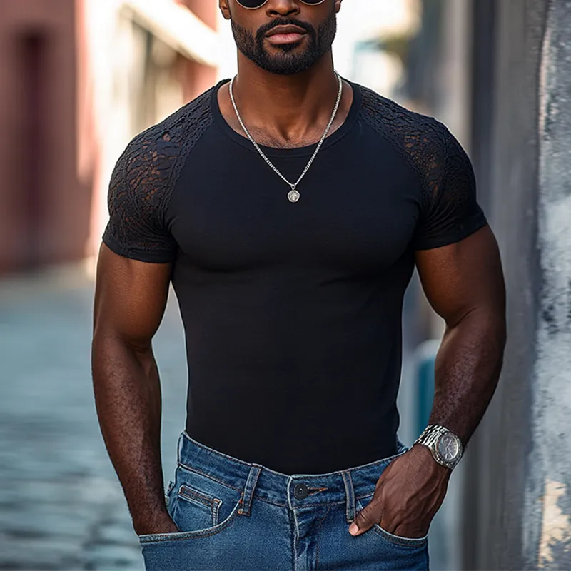 Men's Solid Color Slim Fit Lace Raglan Short Sleeve T-shirt MTA0636F9Y sold by Manly product image thumbnail 2