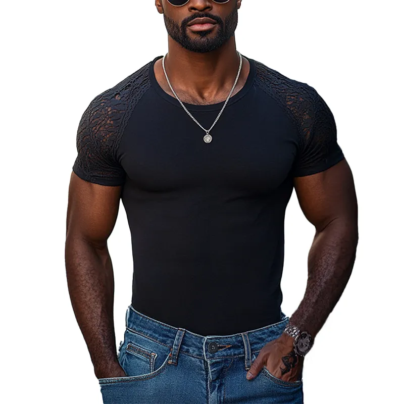 Men's Solid Color Slim Fit Lace Raglan Short Sleeve T-shirt MTA0636F9Y sold by Manly