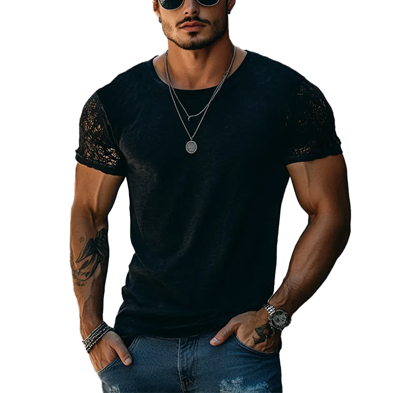 Men's Solid Color Slim Fit Lace Short-sleeved T-shirt MTA0654F8Y sold by Manly