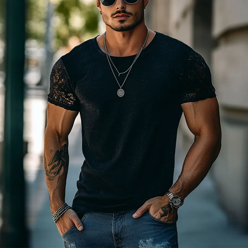 Men's Solid Color Slim Fit Lace Short-sleeved T-shirt MTA0654F8Y sold by Manly product image thumbnail 2