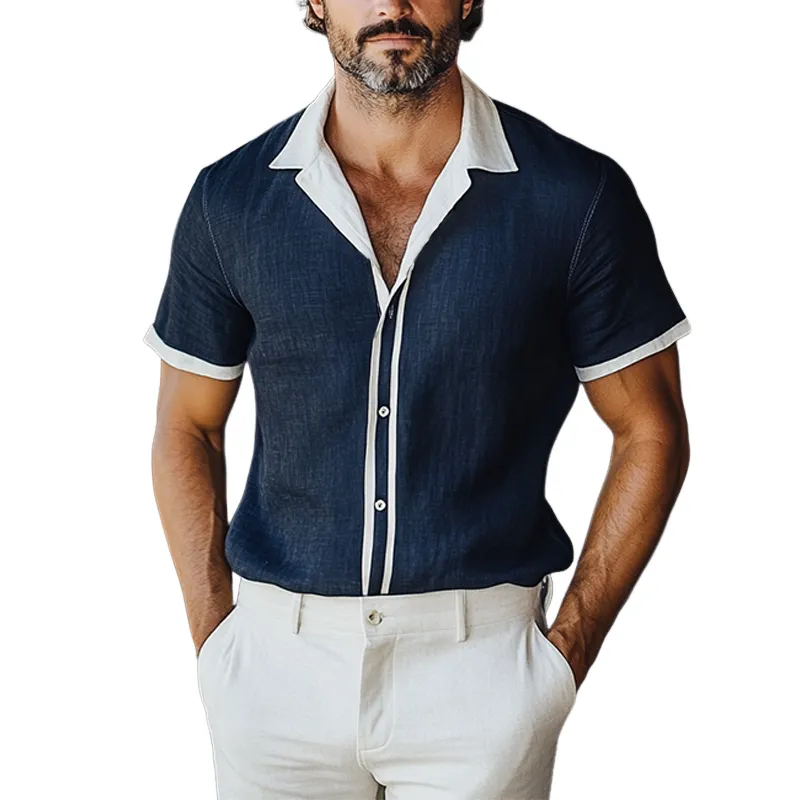 Men's Colorblock Lapel Single Breasted Short Sleeve Shirt MTA0694F2Y sold by Manly