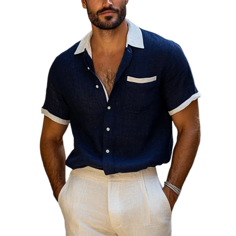 Men's Colorblock Lapel Single Breasted Chest Pocket Short Sleeve Shirt MTA0621F8Y sold by Manly