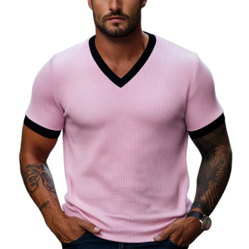 Men's Skin-friendly Ottoman Rib Colorblock Slim Fit V Neck Short Sleeve T-Shirt MTA0684F9Y sold by Manly