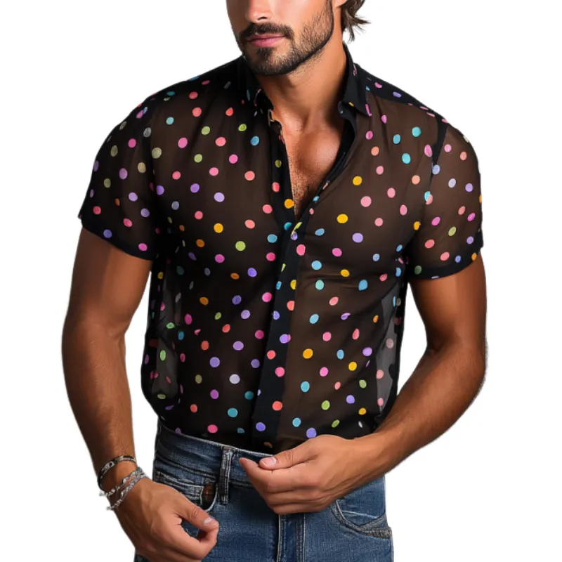 Men's Colorful Polka Dot Print Lapel Short Sleeve Shirt MTA0605F0Y made by Manly