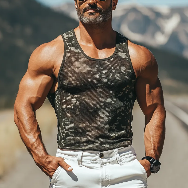 Men's Classic Retro American Western Mesh Camouflage Fabric U-Neck Slim Fit Tank Top MTA0566F8K sold by Manly product image thumbnail 2