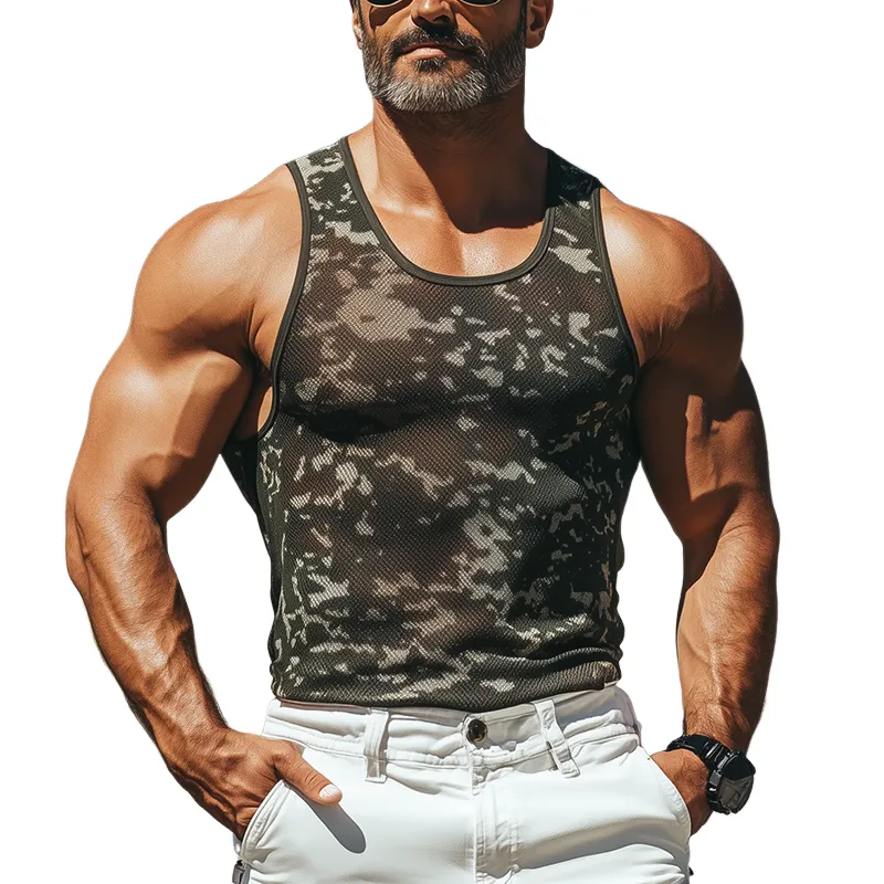 Men's Classic Retro American Western Mesh Camouflage Fabric U-Neck Slim Fit Tank Top MTA0566F8K sold by Manly