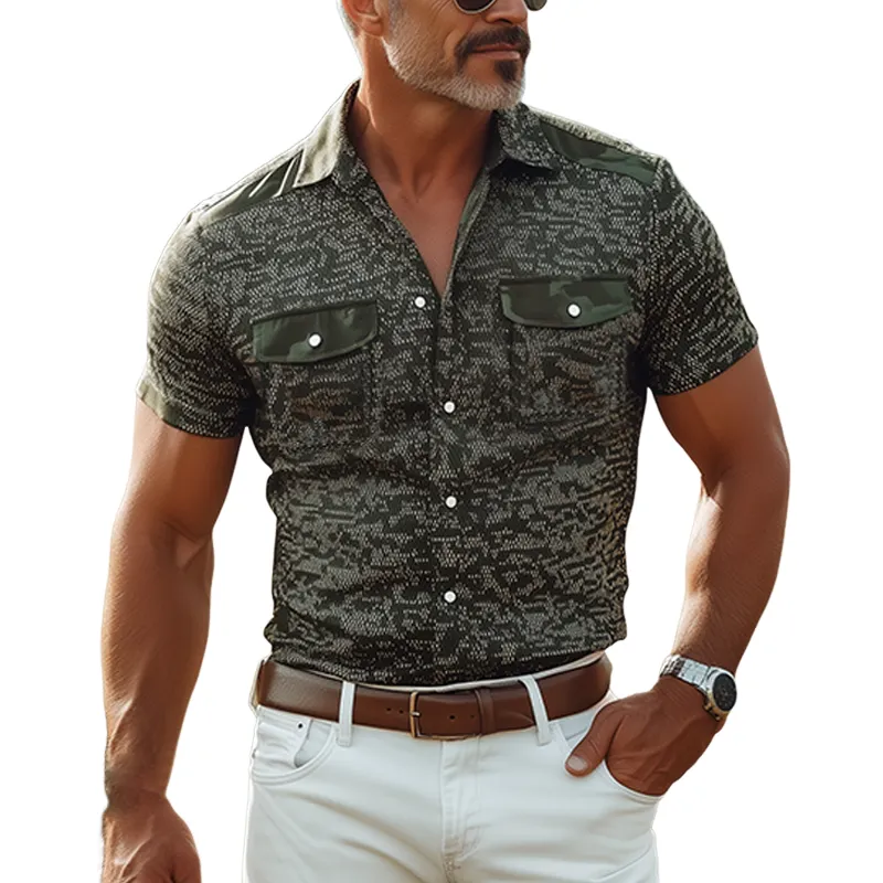 Men's Classic Retro American Western Camouflage Print Cotton Blend Multi-pocket Slim Fit Short-sleeved Pearl Snap Shirt  MTA0564F7K sold by Manly