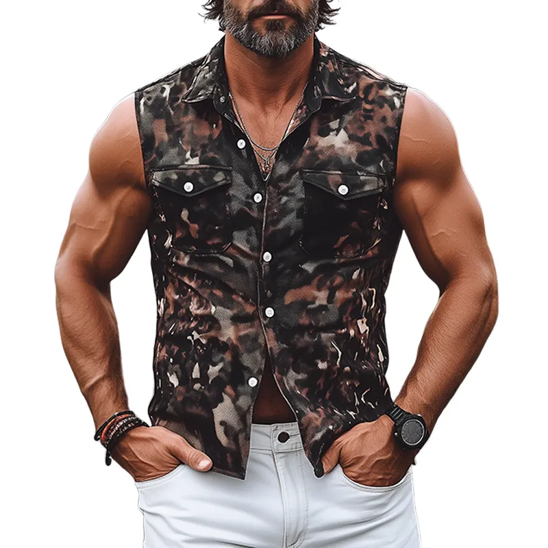 Men's Classic Vintage American Western Camouflage Cotton Blend Multi-Pocket Slim Fit Pearl Snap Sleeveless Shirt MTA0567F7K sold by Manly