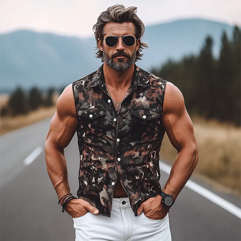 Men's Classic Vintage American Western Camouflage Cotton Blend Multi-Pocket Slim Fit Pearl Snap Sleeveless Shirt MTA0567F7K sold by Manly product image thumbnail 3