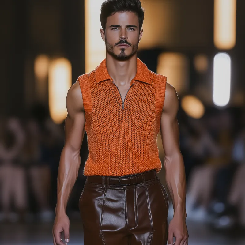 Men's Casual Solid Color Lapel Zipper Slim Fit Breathable Knit Tank Top MTA0478F7M sold by Manly product image thumbnail 3