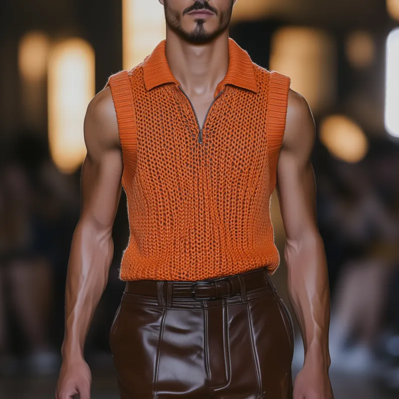 Men's Casual Solid Color Lapel Zipper Slim Fit Breathable Knit Tank Top MTA0478F7M sold by Manly product image thumbnail 2