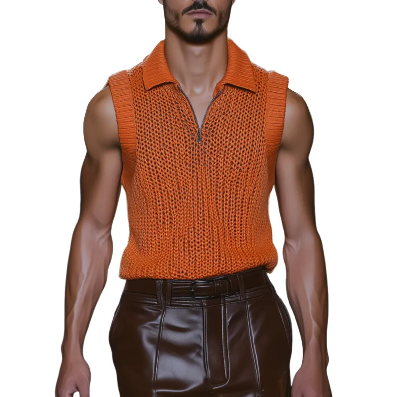 Men's Casual Solid Color Lapel Zipper Slim Fit Breathable Knit Tank Top MTA0478F7M sold by Manly