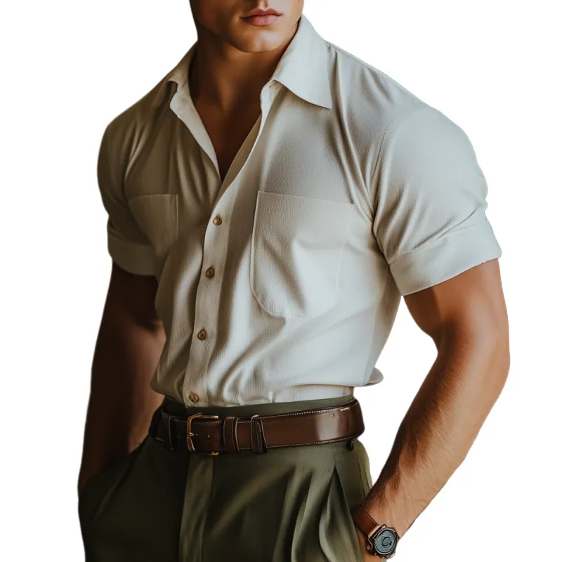 Men's Casual Solid Color Cotton Blended Striped Lapel Patch Pocket Slim Fit Short Sleeve Shirt MTA0415F8M sold by Manly