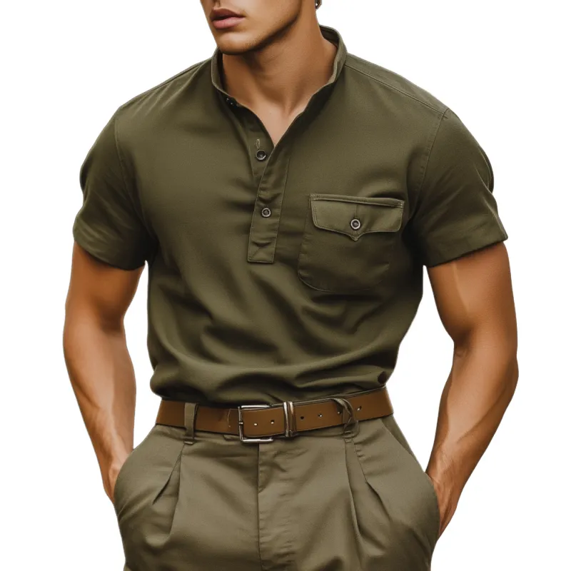 Men's Casual Breathable Cotton Stand Collar Chest Pocket Slim Fit Pullover Short Sleeve Shirt MTA0439F7M sold by Manly