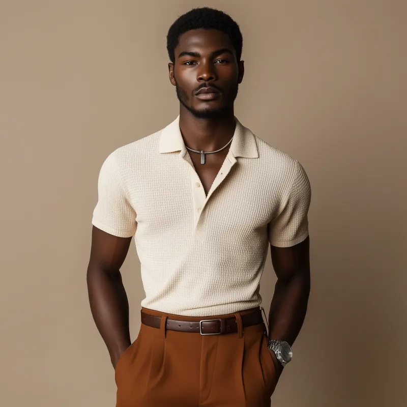 Men's Casual Breathable Cotton Blended Waffle Lapel Slim Fit Short Sleeve Polo Shirt MTA0494F2M sold by Manly product image thumbnail 3