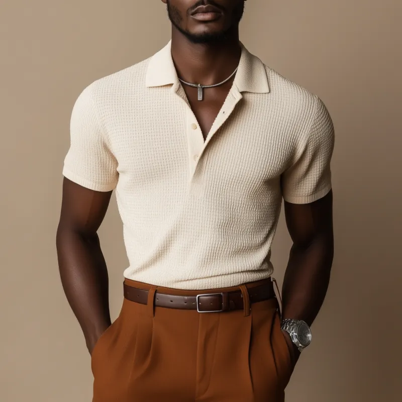 Men's Casual Breathable Cotton Blended Waffle Lapel Slim Fit Short Sleeve Polo Shirt MTA0494F2M sold by Manly product image thumbnail 2