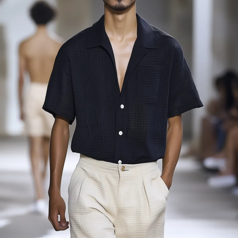 Men's Casual Breathable Cotton Blend Waffle Lapel Patch Pocket Loose Short Sleeve Shirt MTA0471F8M sold by Manly product image thumbnail 2